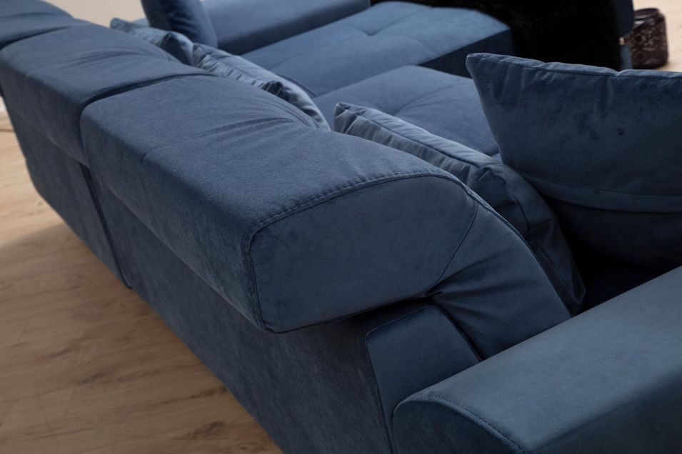 Canapé d'angle droit velours bleu avec têtières relevables et pieds metal noir Briko 308 cm - Photo n°6