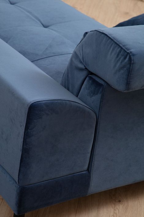 Canapé d'angle droit velours bleu avec têtières relevables et pieds metal noir Briko 308 cm - Photo n°7