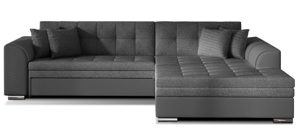 Canapé d'angle droite convertible 4 places tissu et simili gris Looka 295 cm - Photo n°1