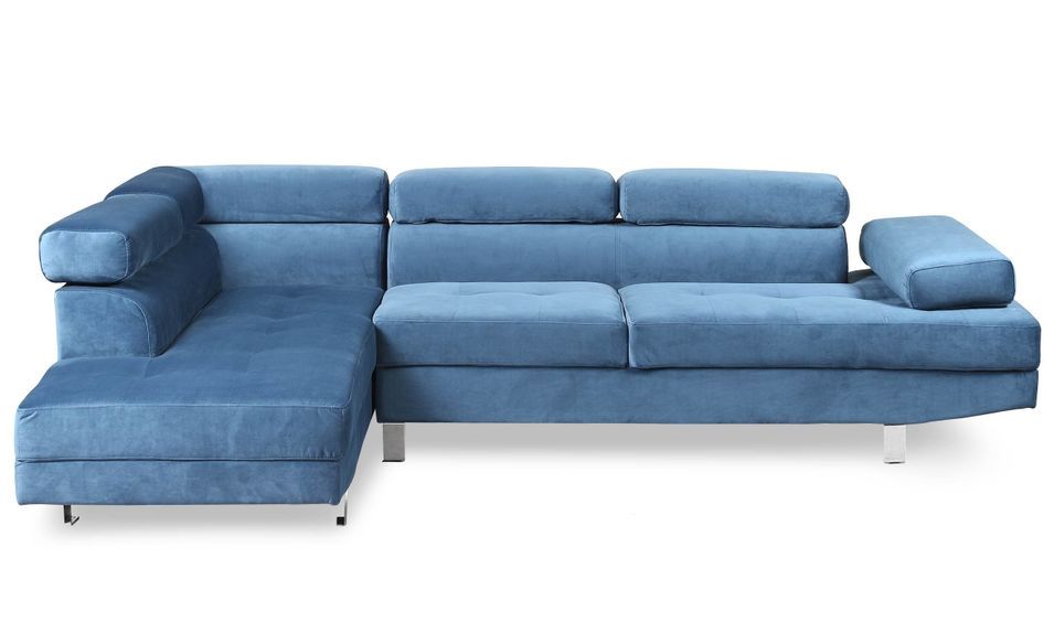 Canapé d'angle gauche avec têtières relevables velours bleu Anya - Photo n°1
