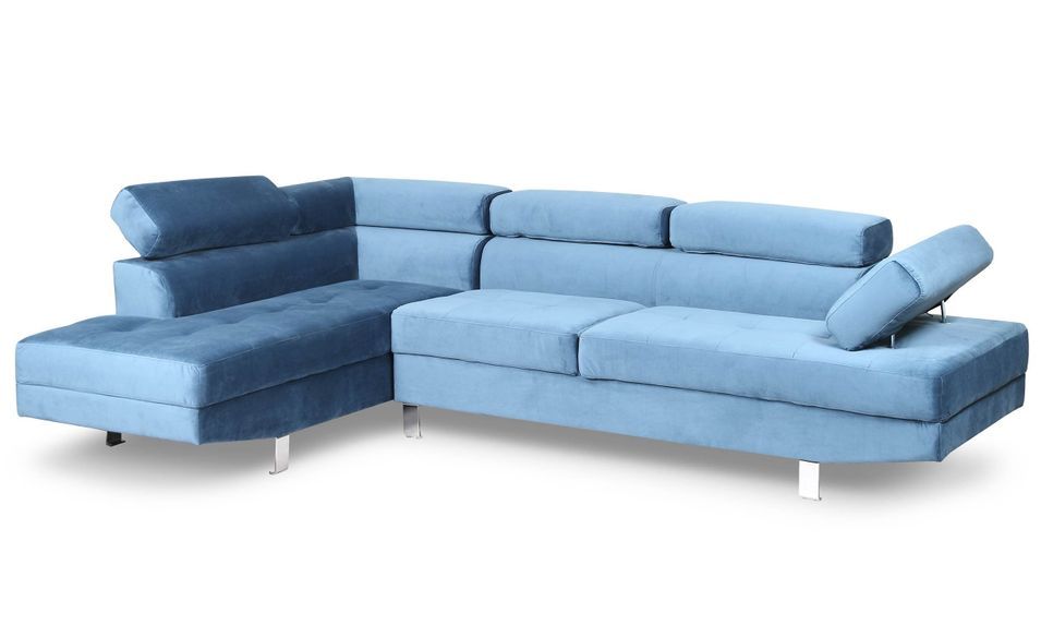 Canapé d'angle gauche avec têtières relevables velours bleu Anya - Photo n°3