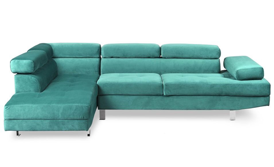 Canapé d'angle gauche avec têtières relevables velours vert Anya - Photo n°1