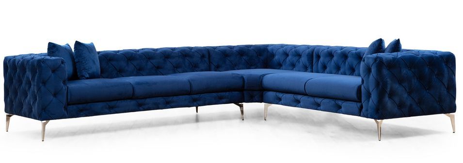 Canapé d'angle gauche capitonné velours bleu marine et pieds chromés Herakles 270 cm - Photo n°1