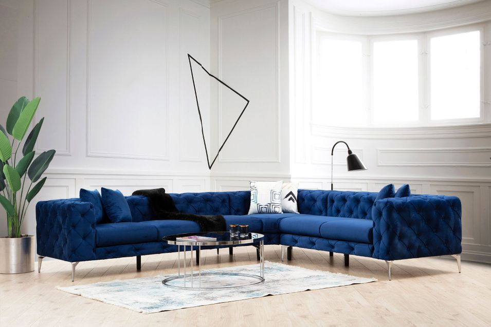 Canapé d'angle gauche capitonné velours bleu marine et pieds chromés Herakles 270 cm - Photo n°2