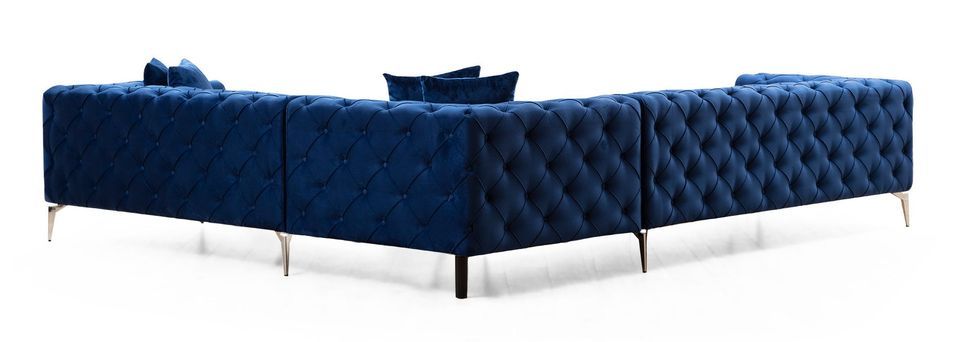 Canapé d'angle gauche capitonné velours bleu marine et pieds chromés Herakles 270 cm - Photo n°5
