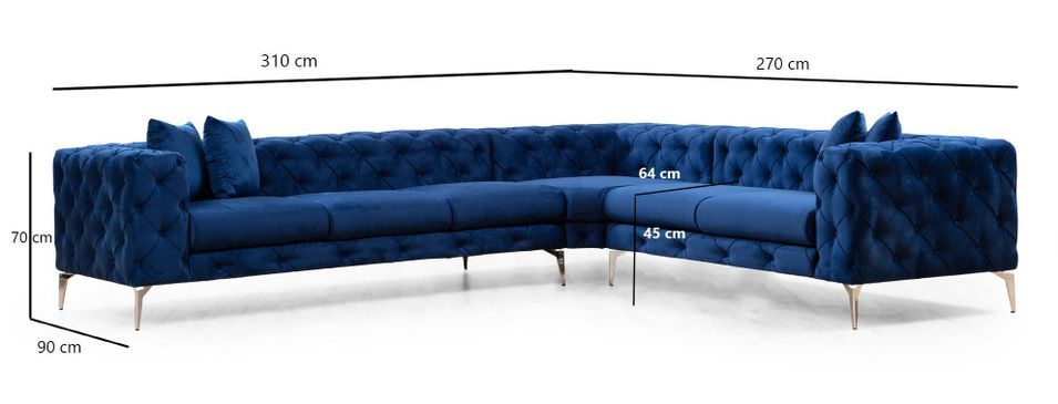 Canapé d'angle gauche capitonné velours bleu marine et pieds chromés Herakles 270 cm - Photo n°6
