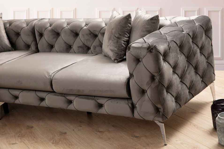 Canapé d'angle gauche capitonné velours gris foncé et pieds chromés Herakles 270 cm - Photo n°4