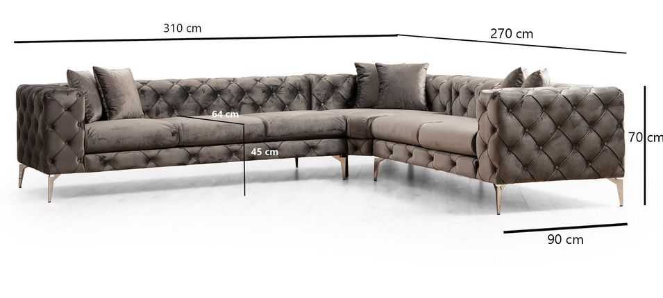 Canapé d'angle gauche capitonné velours gris foncé et pieds chromés Herakles 270 cm - Photo n°7