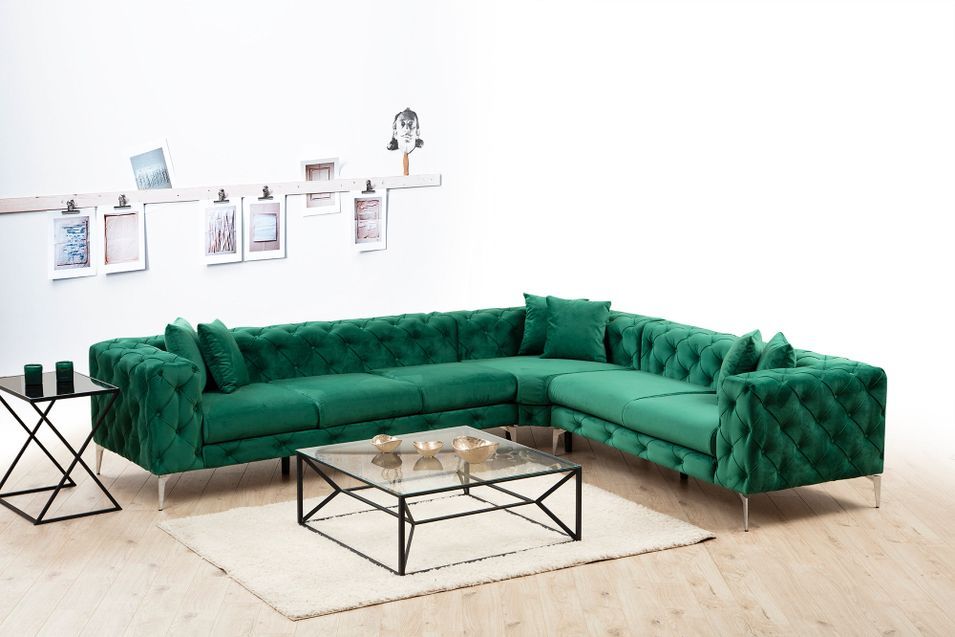 Canapé d'angle gauche capitonné velours vert et pieds chromés Herakles 270 cm - Photo n°3