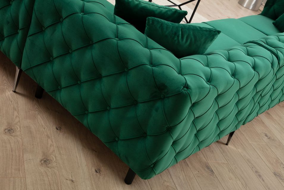 Canapé d'angle gauche capitonné velours vert et pieds chromés Herakles 270 cm - Photo n°6