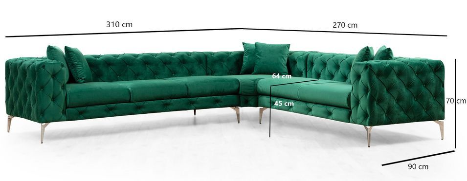 Canapé d'angle gauche capitonné velours vert et pieds chromés Herakles 270 cm - Photo n°8