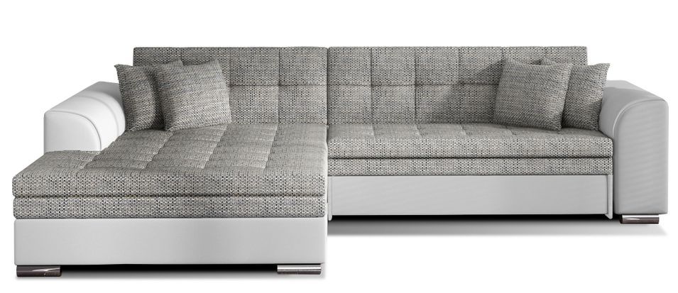 Canapé d'angle gauche convertible 4 places tissu gris clair chiné et simili blanc Looka 295 cm - Photo n°1
