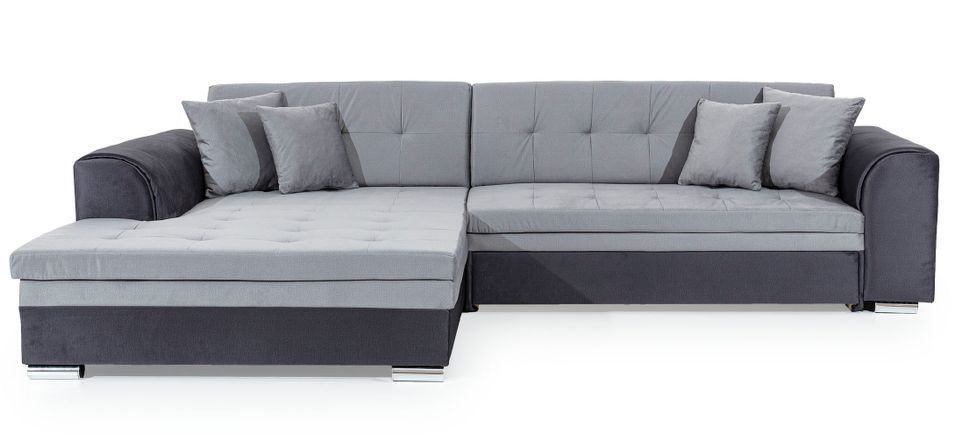 Canapé d'angle gauche convertible 4 places tissu gris clair chiné et simili blanc Looka 295 cm - Photo n°12