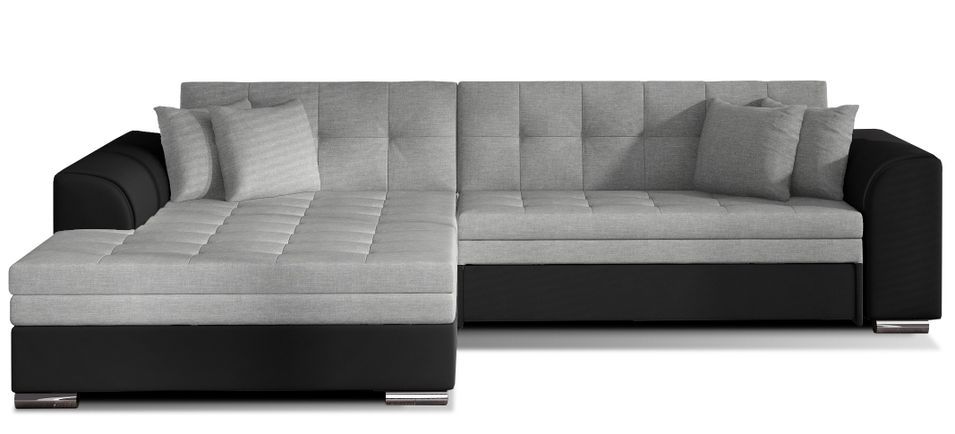 Canapé d'angle gauche convertible 4 places tissu gris clair et simili noir Looka 295 cm - Photo n°1