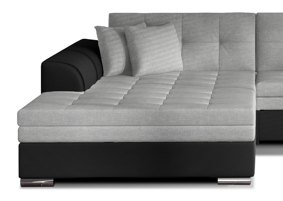 Canapé d'angle gauche convertible 4 places tissu gris clair et simili noir Looka 295 cm - Photo n°3