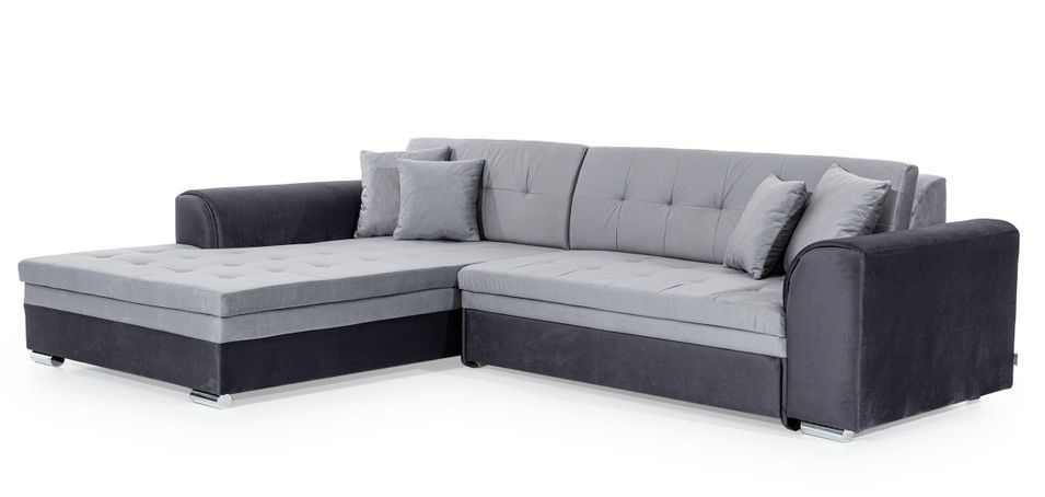 Canapé d'angle gauche convertible 4 places tissu gris clair et simili noir Looka 295 cm - Photo n°4