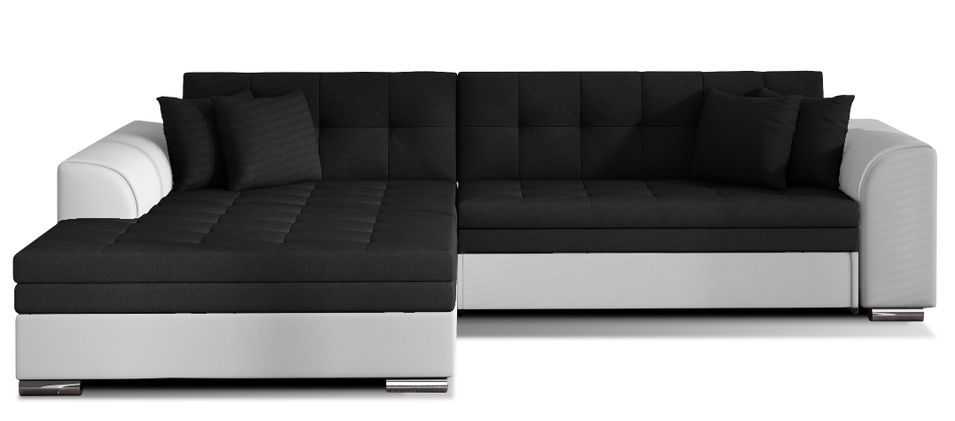 Canapé d'angle gauche convertible 4 places tissu noir et simili blanc Looka 295 cm - Photo n°1