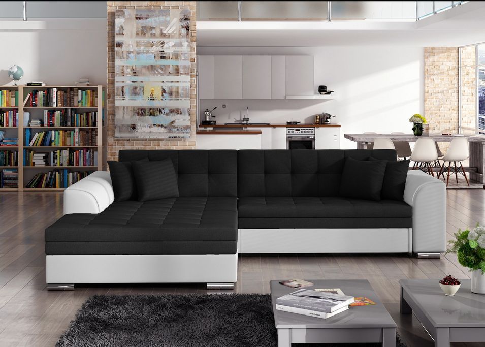 Canapé d'angle gauche convertible 4 places tissu noir et simili blanc Looka 295 cm - Photo n°2