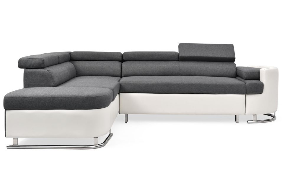 Canapé d'angle gauche convertible simili cuir blanc et tissu gris Bianca - Photo n°1