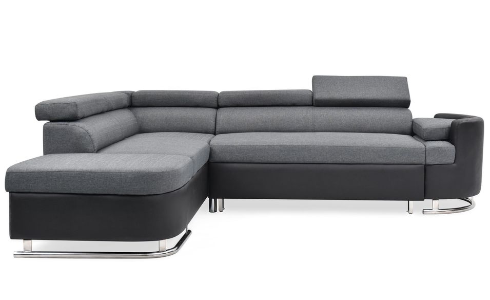 Canapé d'angle gauche convertible simili cuir noir et tissu gris Bianca - Photo n°1