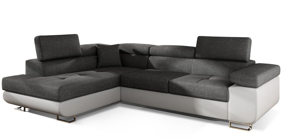 Canapé d'angle gauche convertible tissu gris foncé et simili blanc Marka 275 cm - Photo n°1