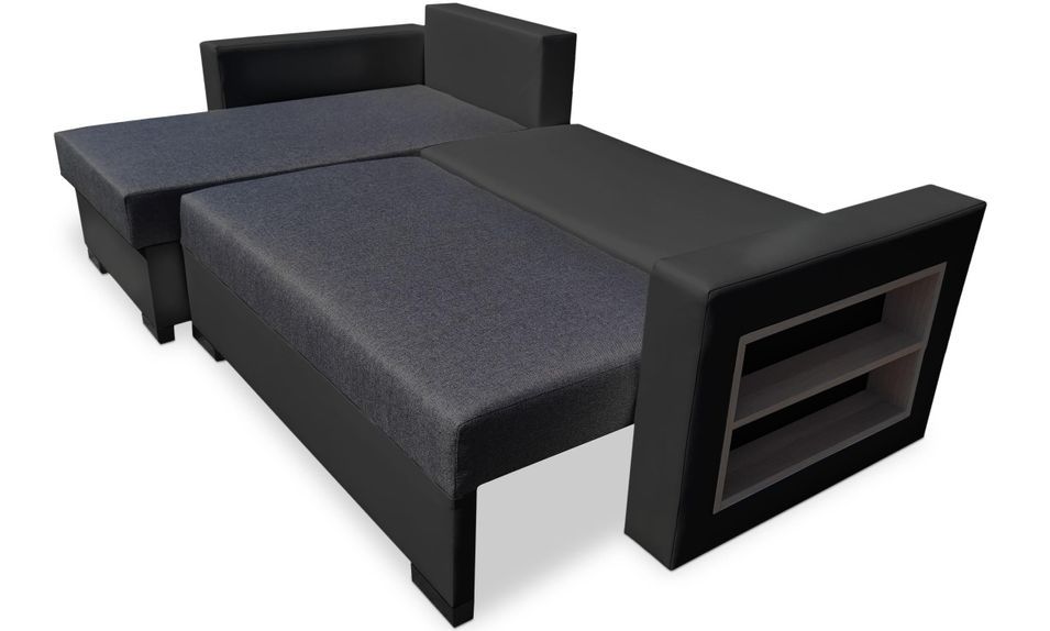 Canapé d'angle gauche convertible tissu gris foncé et simili cuir noir Kami L 230 cm - Photo n°3