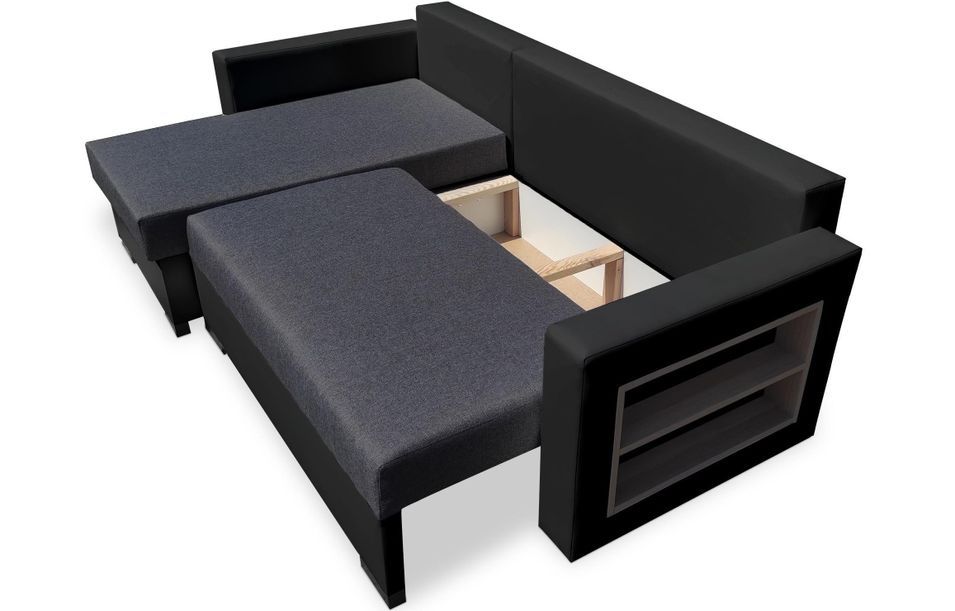 Canapé d'angle gauche convertible tissu gris foncé et simili cuir noir Kami L 230 cm - Photo n°2