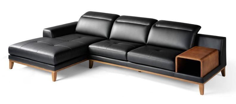 Canapé d'angle gauche cuir noir et pieds bois noyer Pandora - Photo n°1