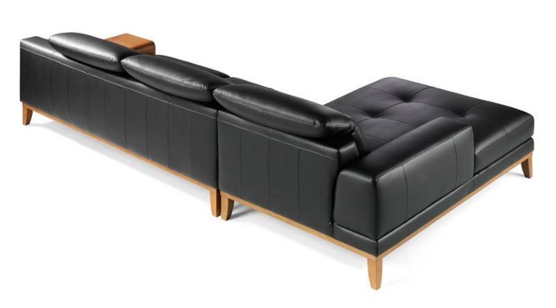 Canapé d'angle gauche cuir noir et pieds bois noyer Pandora - Photo n°3