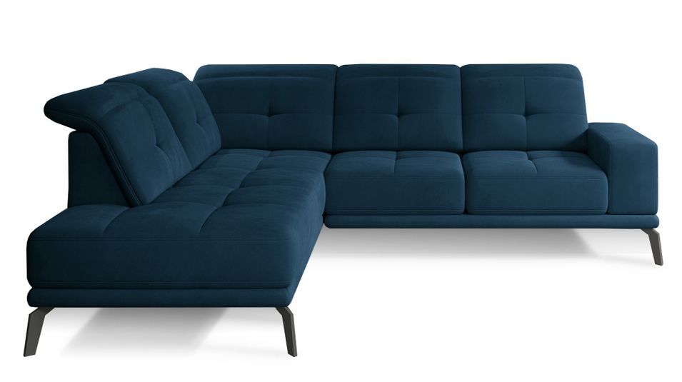 Canapé d'angle gauche design matelassé tissu doux brillant bleu nuit et pied noir Kazane 275 cm - Photo n°1