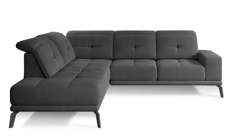 Canapé d'angle gauche design matelassé tissu doux noir et pied noir Kazane 275 cm - Photo n°1