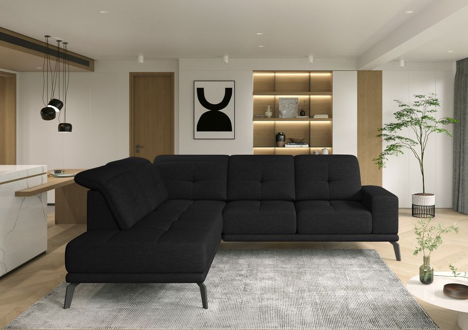 Canapé d'angle gauche design matelassé tissu noir et pied noir Kazane 275 cm - Photo n°2