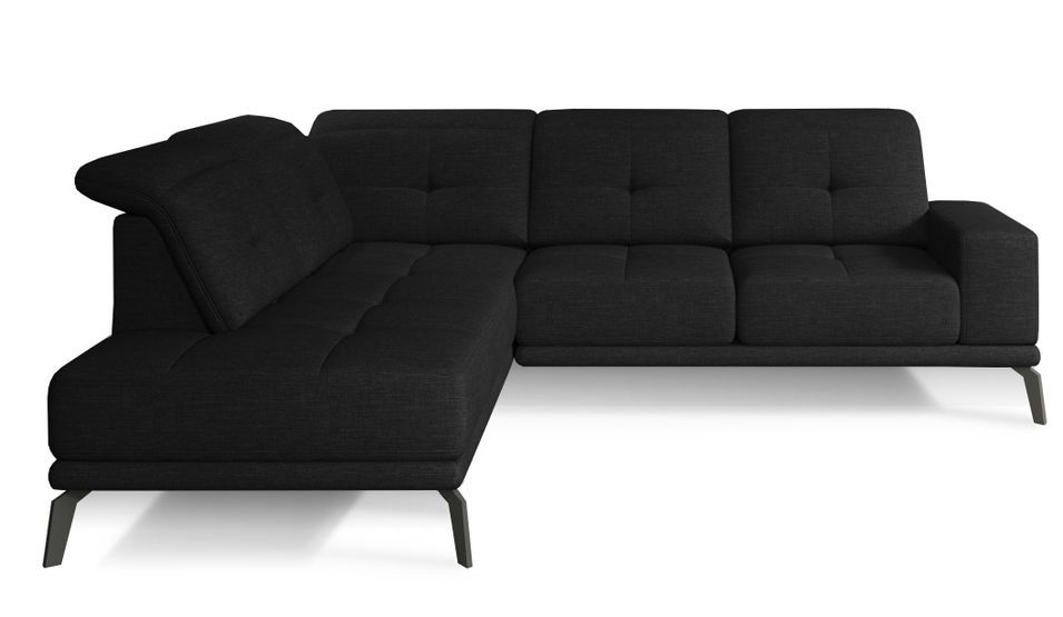 Canapé d'angle gauche design matelassé tissu noir et pied noir Kazane 275 cm - Photo n°1