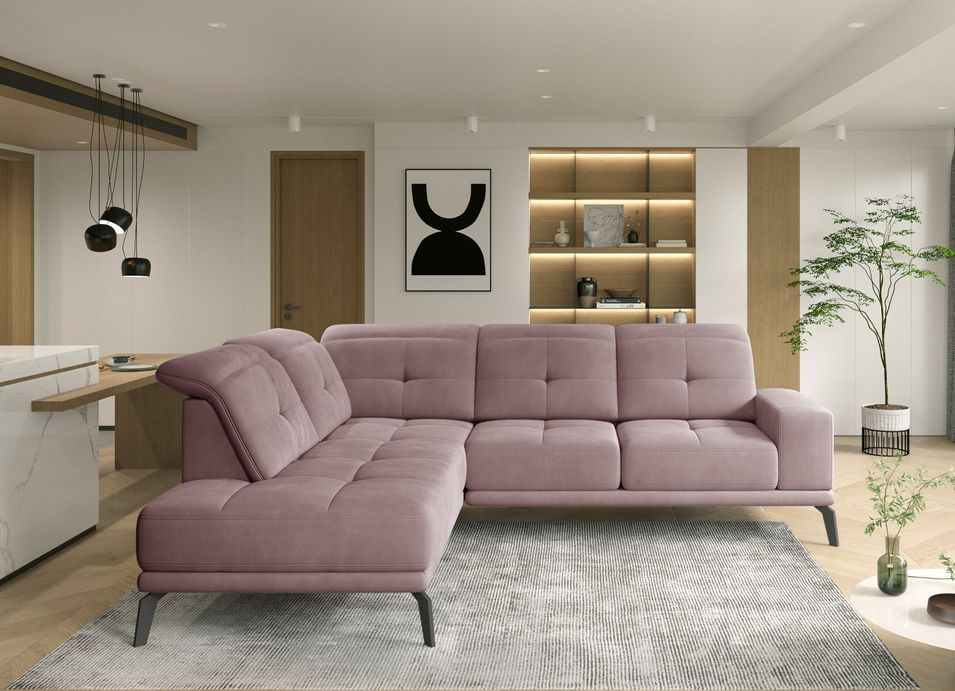 Canapé d'angle gauche design matelassé velours rose et pied noir Kazane 275 cm - Photo n°2