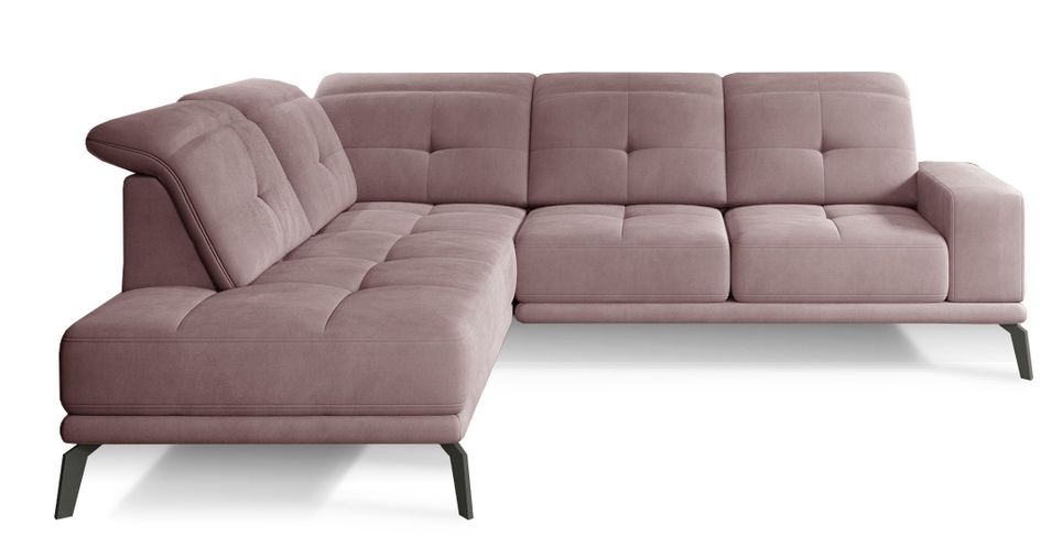 Canapé d'angle gauche design matelassé velours rose et pied noir Kazane 275 cm - Photo n°1
