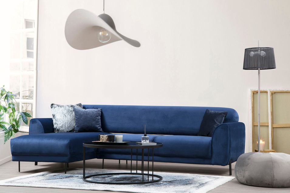 Canapé d'angle gauche design velours bleu marine et pieds acier noir Liza - Photo n°4