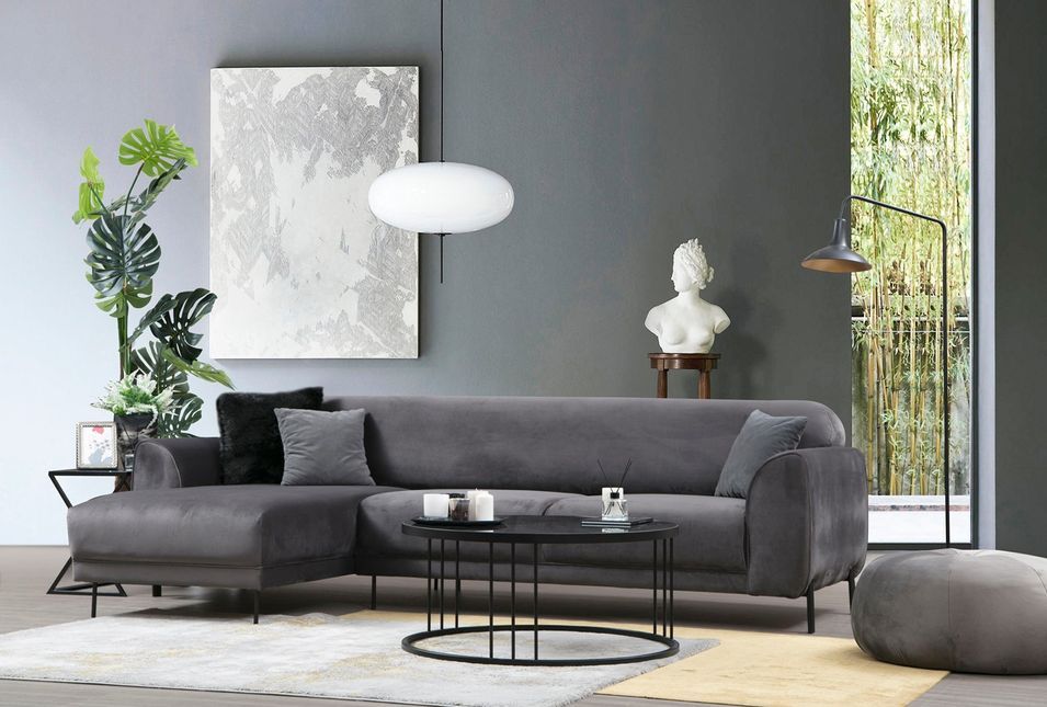 Canapé d'angle gauche design velours gris foncé et pieds acier noir Liza - Photo n°4
