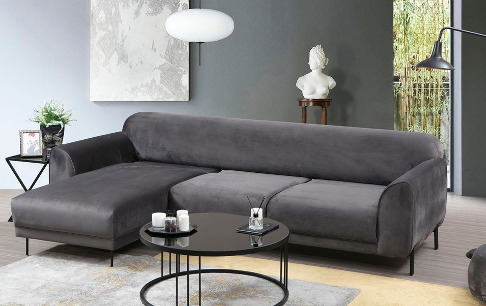 Canapé d'angle gauche design velours gris foncé et pieds acier noir Liza - Photo n°5