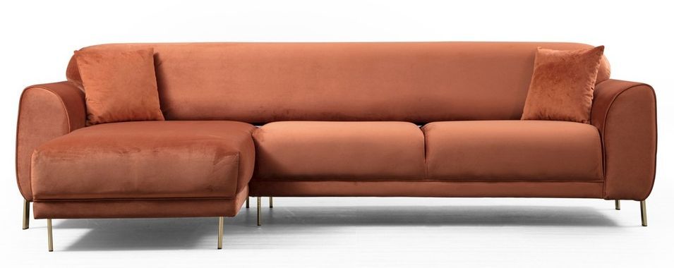 Canapé d'angle gauche design velours orange et pieds acier doré Liza - Photo n°1