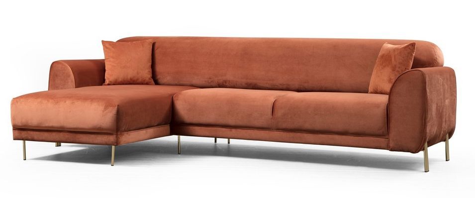 Canapé d'angle gauche design velours orange et pieds acier doré Liza - Photo n°3