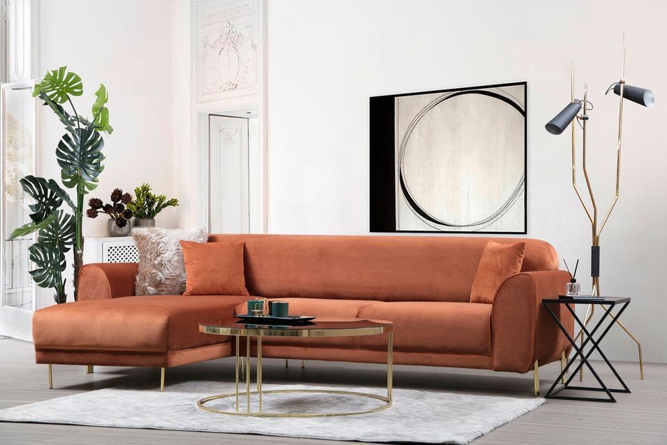 Canapé d'angle gauche design velours orange et pieds acier doré Liza - Photo n°6