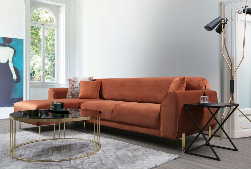 Canapé d'angle gauche design velours orange et pieds acier doré Liza - Photo n°7