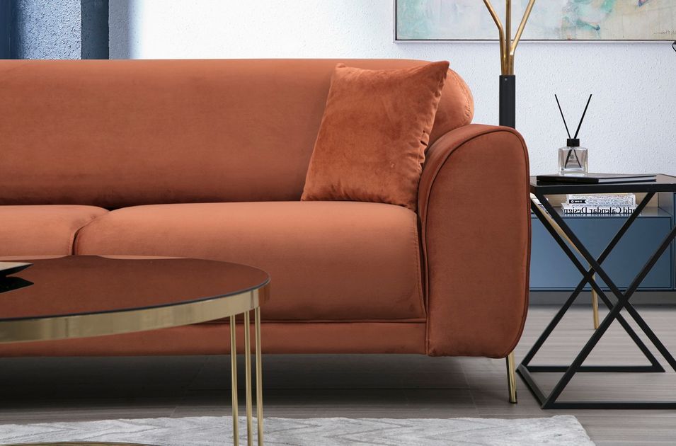 Canapé d'angle gauche design velours orange et pieds acier doré Liza - Photo n°8