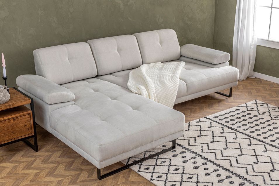 Canapé d'angle gauche moderne tissu doux beige clair pieds métal noir Kustone 274 cm - Photo n°8