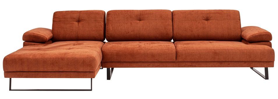 Canapé d'angle gauche moderne tissu doux orange pieds métal noir Kustone 274 cm - Photo n°1