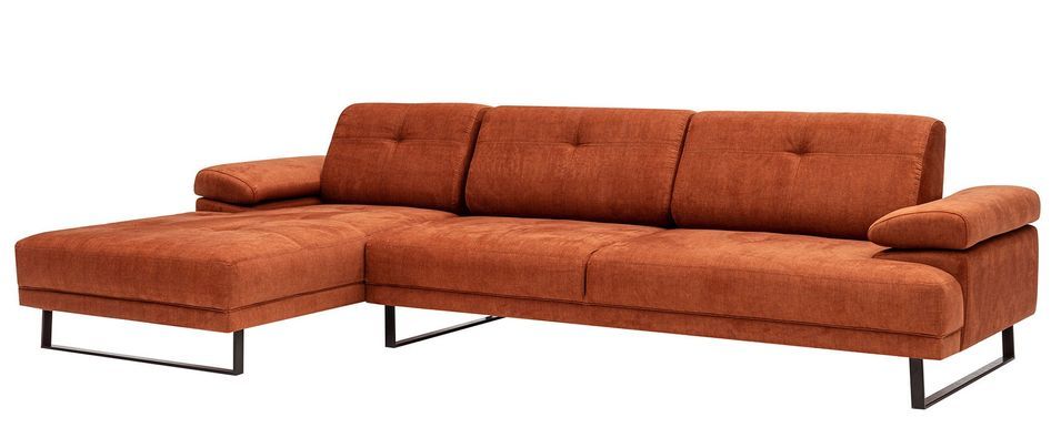 Canapé d'angle gauche moderne tissu doux orange pieds métal noir Kustone 274 cm - Photo n°2