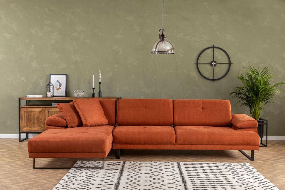 Canapé d'angle gauche moderne tissu doux orange pieds métal noir Kustone 274 cm - Photo n°7