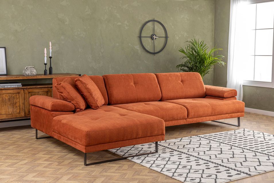 Canapé d'angle gauche moderne tissu doux orange pieds métal noir Kustone 274 cm - Photo n°8
