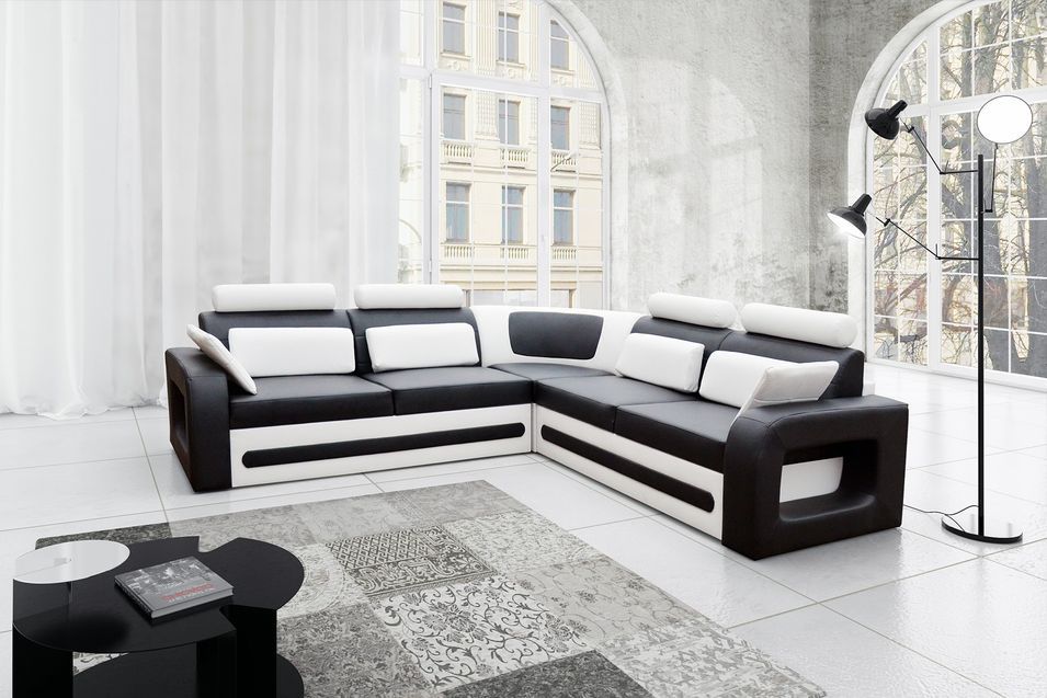 Canapé d'angle gauche original et moderne simili cuir noir et blanc Kaming 270 cm - Photo n°2