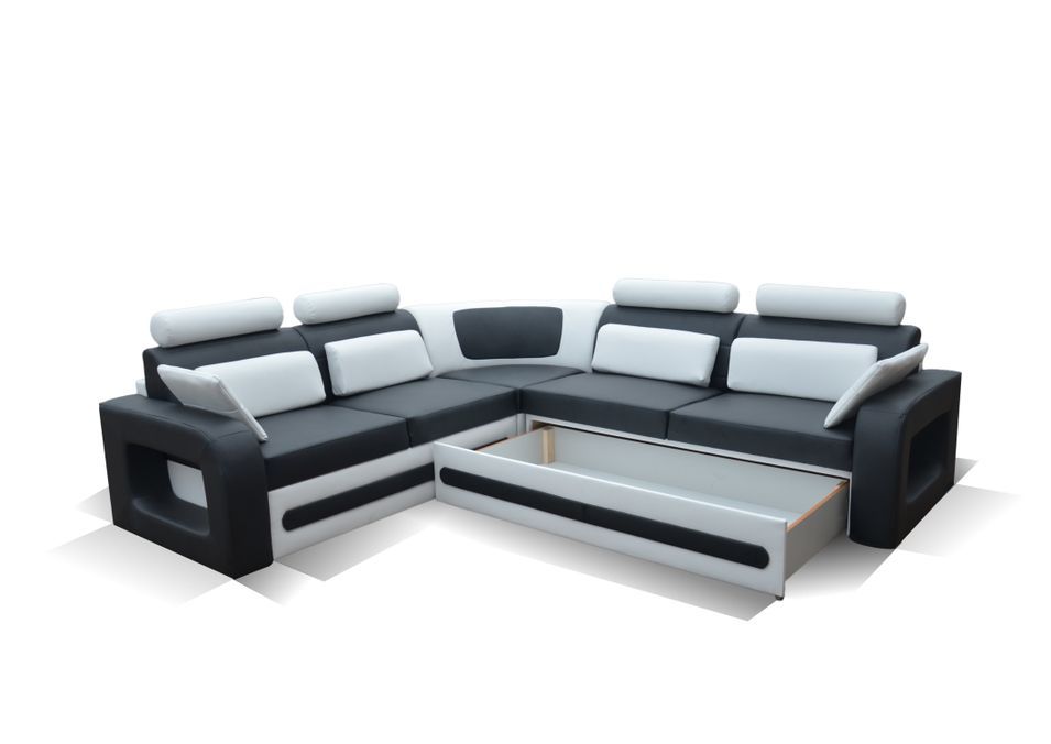 Canapé d'angle gauche original et moderne simili cuir noir et blanc Kaming 270 cm - Photo n°3